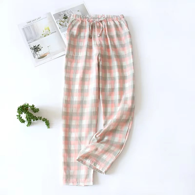 Men'S Cotton Gauze Trousers Plaid Knitted Sleep Pants Woman Pajamas Pants Bottoms Sleepwear Short for Couples Pijama Hombre