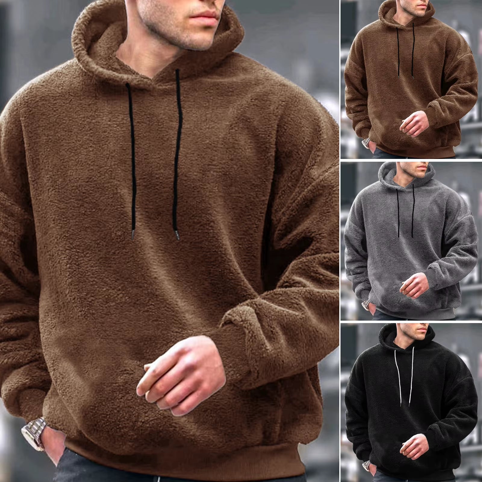 Winter Men'S Solid Color Fluffy Wool Hooded Coat Pullover Warm Sweatshirt Velvet Fleece Hooded Men'S Sweater