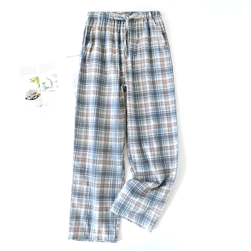 Men'S Cotton Gauze Trousers Plaid Knitted Sleep Pants Woman Pajamas Pants Bottoms Sleepwear Short for Couples Pijama Hombre