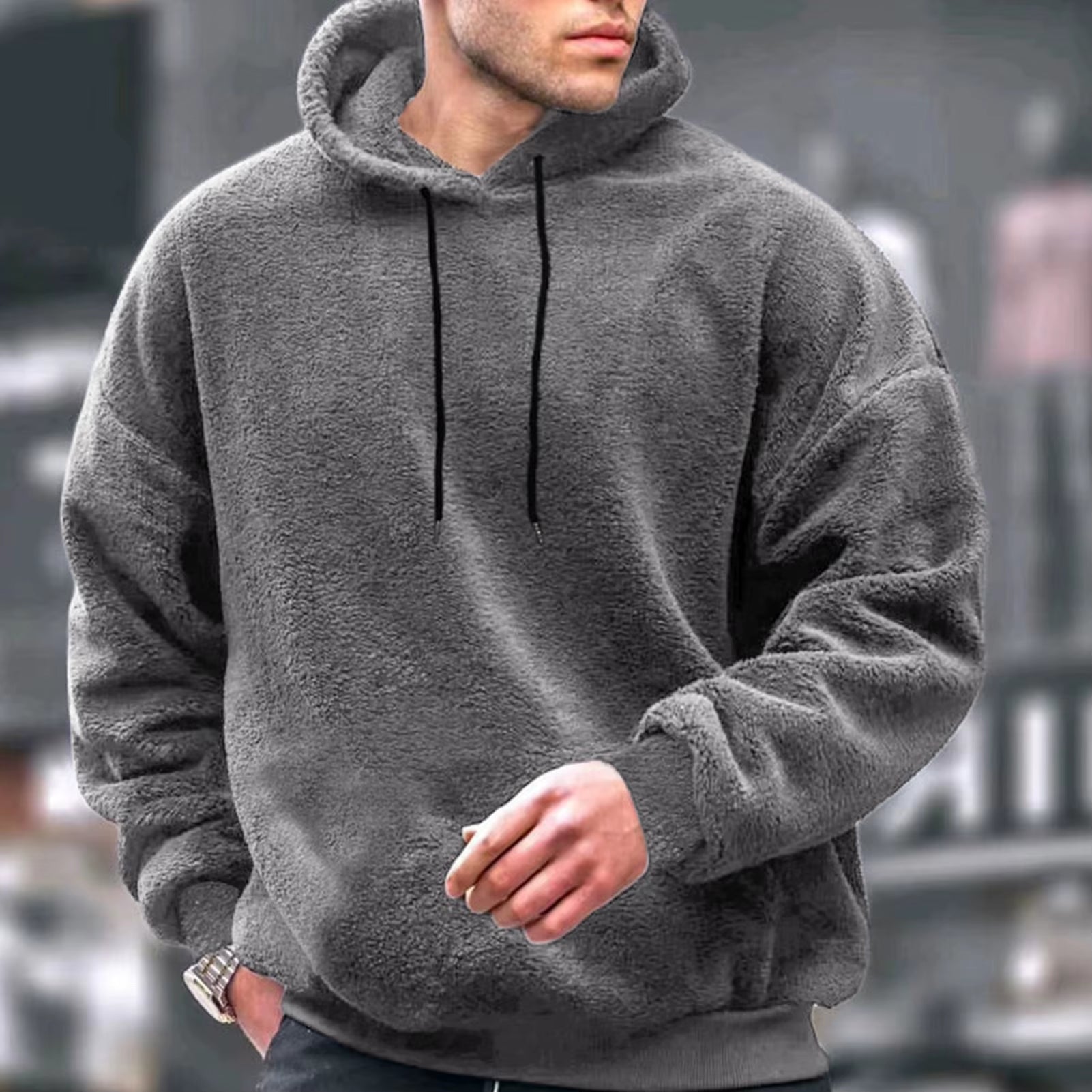 Winter Men'S Solid Color Fluffy Wool Hooded Coat Pullover Warm Sweatshirt Velvet Fleece Hooded Men'S Sweater