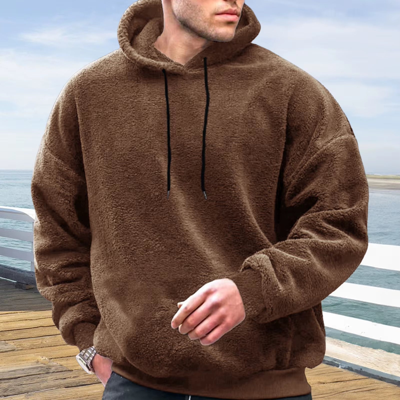 Winter Men'S Solid Color Fluffy Wool Hooded Coat Pullover Warm Sweatshirt Velvet Fleece Hooded Men'S Sweater