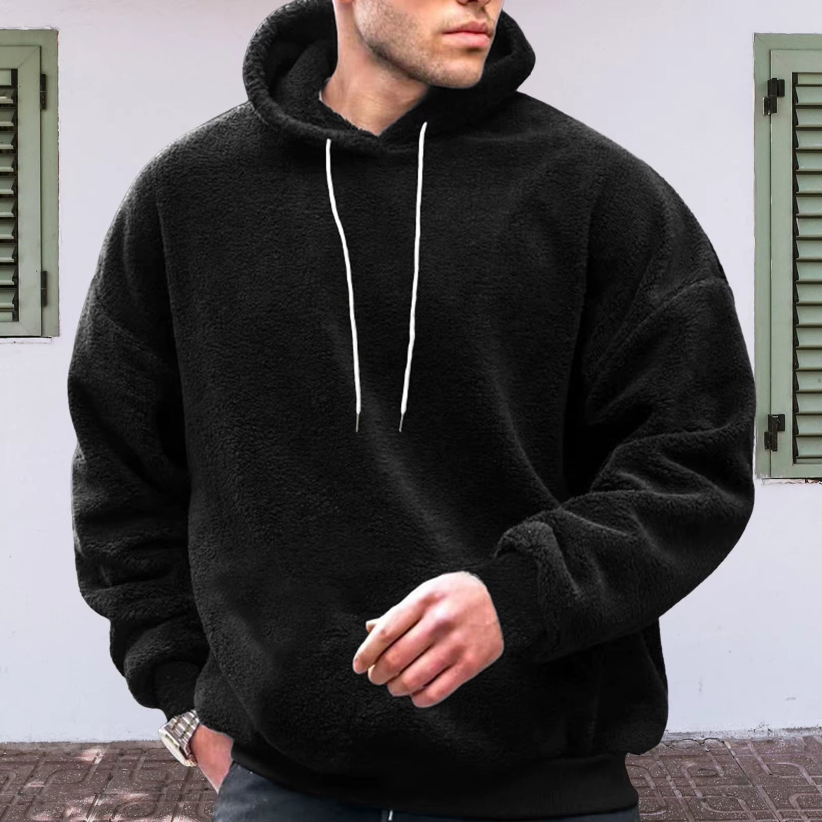 Winter Men'S Solid Color Fluffy Wool Hooded Coat Pullover Warm Sweatshirt Velvet Fleece Hooded Men'S Sweater