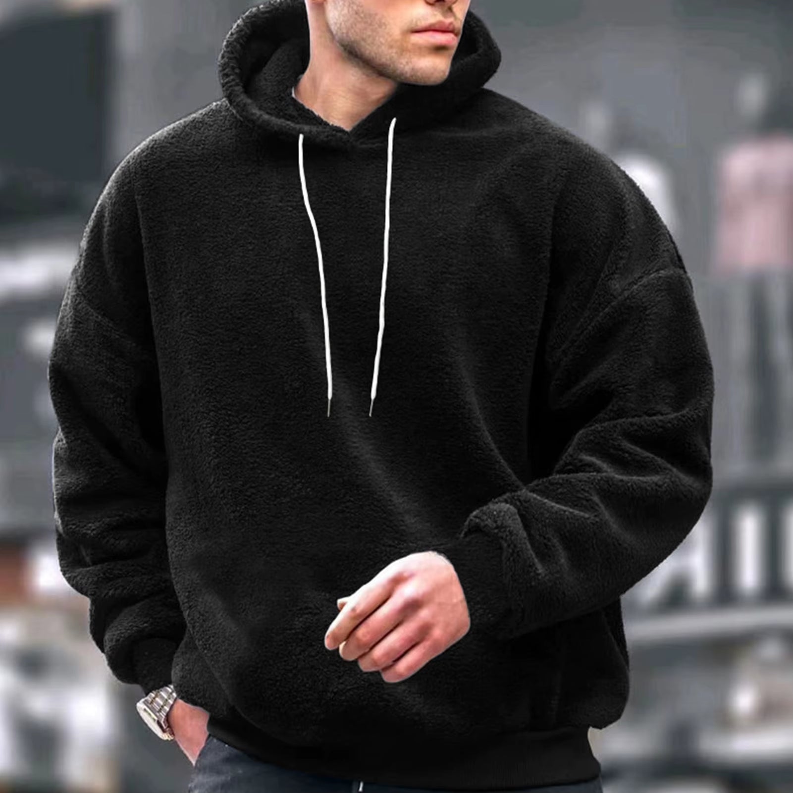 Winter Men'S Solid Color Fluffy Wool Hooded Coat Pullover Warm Sweatshirt Velvet Fleece Hooded Men'S Sweater