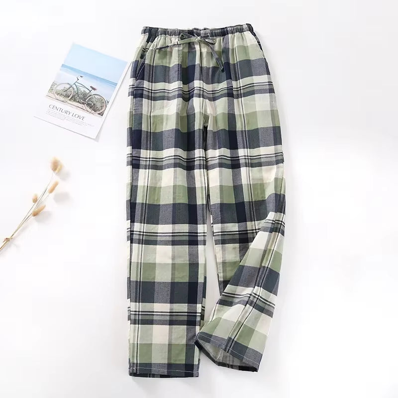 Men'S Cotton Gauze Trousers Plaid Knitted Sleep Pants Woman Pajamas Pants Bottoms Sleepwear Short for Couples Pijama Hombre